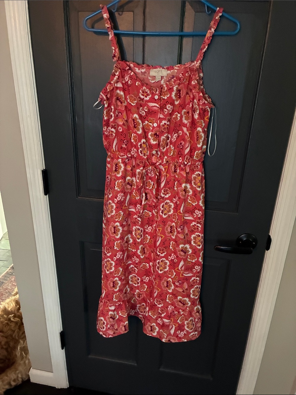 LOFT Coral Red Floral Tie-Waist Sundress